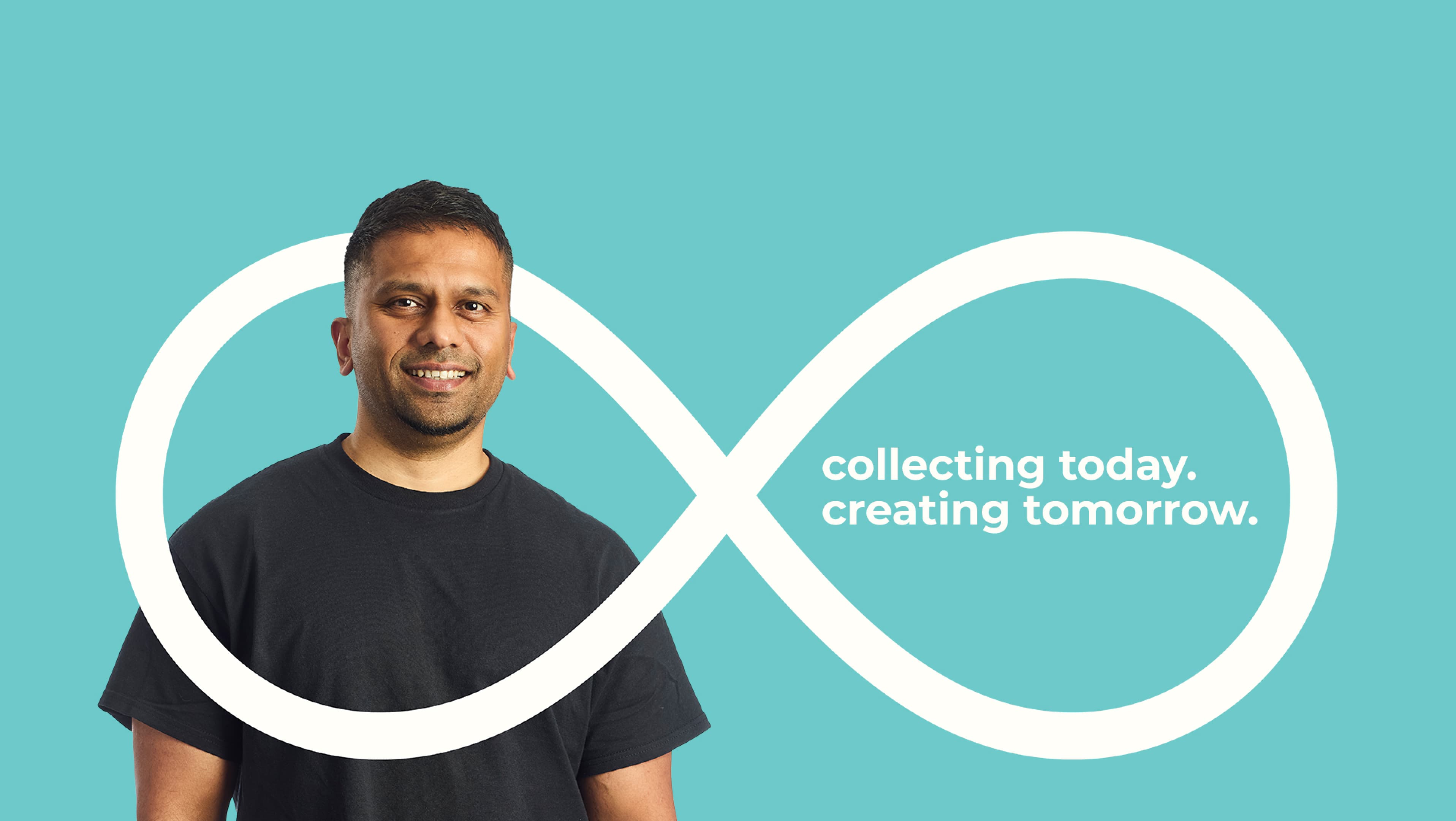 Blue background 'collecting today, creating tomorrow'